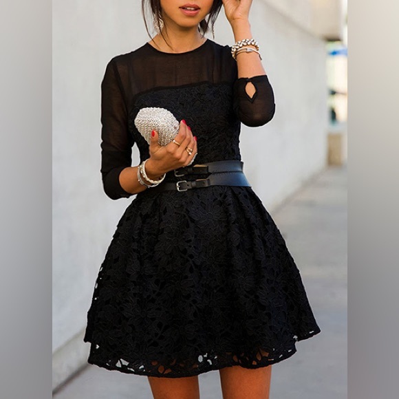 Korean Label BLACK Lace Overlay DRESS Sheer Long Sleeve - Picture 1 of 5